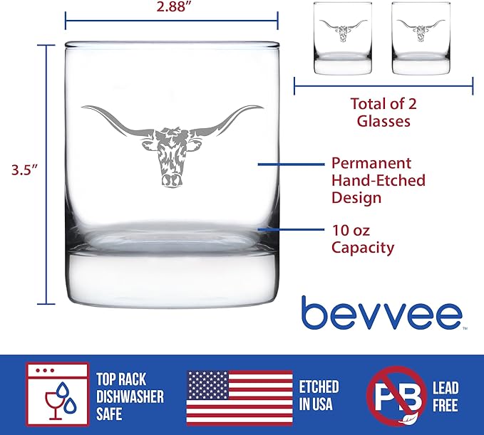 Bevvee Longhorn - Whiskey Rocks Glass - Set of 2 - Western Themed Farm Decor and Gifts for Texan Ranchers - 10.25 Ounce
