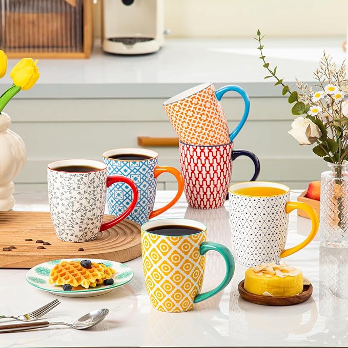 Ceramic Coffee Mugs Set - 16 Oz Large Porcelain Tea Cups with Handle for Women Men Cocoa Latte Cappuccino - Christmas Housewarming Gift - Microwave Dishwasher Safe - Set of 6 - Assorted Colors