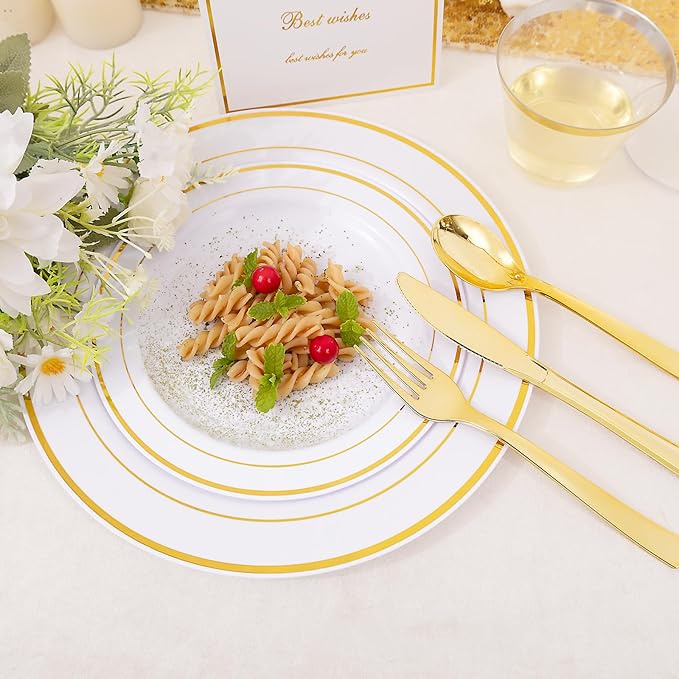 DaYammi 350PCS Gold Plastic Dinnerware Set for 50 Guests, Fancy Disposable Plates for Party, Include: 50 Dinner Plates, 50 Dessert Plates, 50 Pre Rolled Napkins with Gold Silverware, 50 Cups