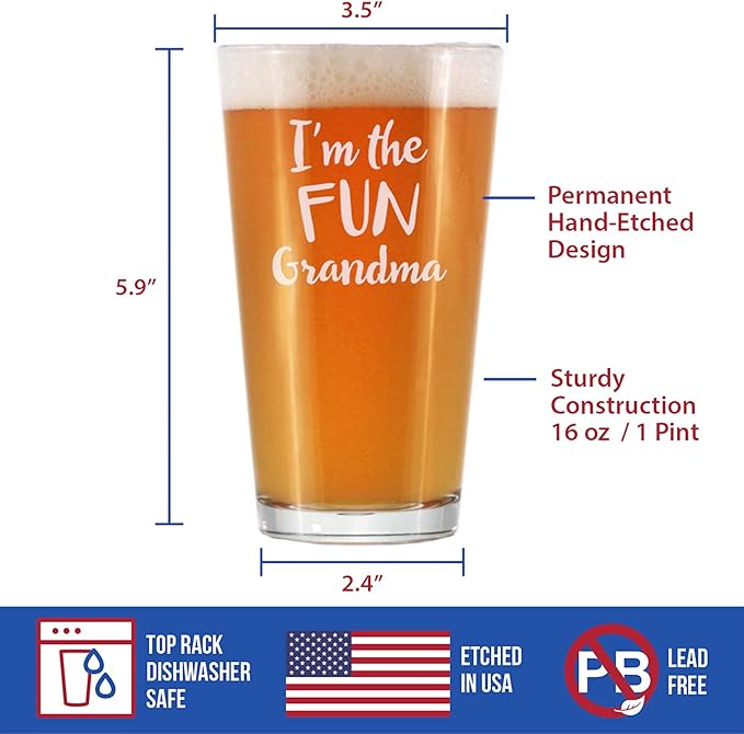 Custom Fun Grandma - Pint Glass for Beer - Funny Gift for Grandmothers - Cute Engraved Glasses for Grandparents - 16 oz - Parent - Customized Glasses