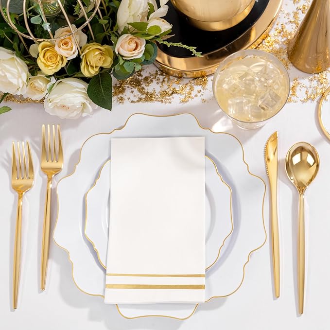 WDF 350PCS White and Gold Plastic Plates - Gold Plates Disposable 50Guest Plastic Dinnerware Ideal for Party/Wedding/Birthday/Valentine's Day