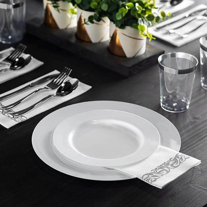 100 Piece Plastic Party Plates White, 50 Premium Heavy Duty 10.25 Inch Dinner Plates and 50 Disposable 7.5 Inch Dessert Appetizer Elegant Fancy Heavy Duty Wedding Plates