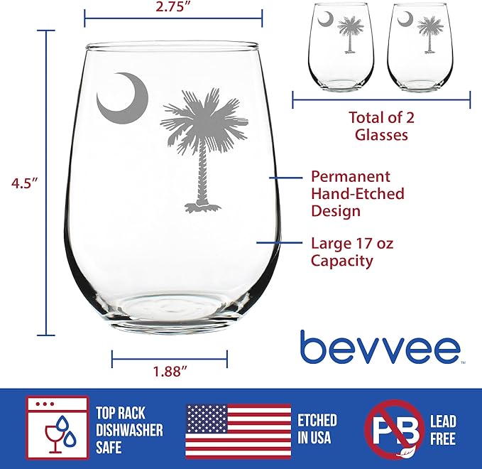 Bevvee South Carolina Flag - Stemless Wine Glasses - Set of 2 - State Themed Drinking Decor and Gifts for South Carolinians - Large 17 Ounce