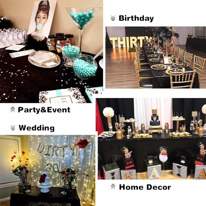 Eternal Beauty Black Tablecloth, 90x156 Inch Sequin Rectangle Table Cover for Cake Dessert Exhibition Party Birthday Events