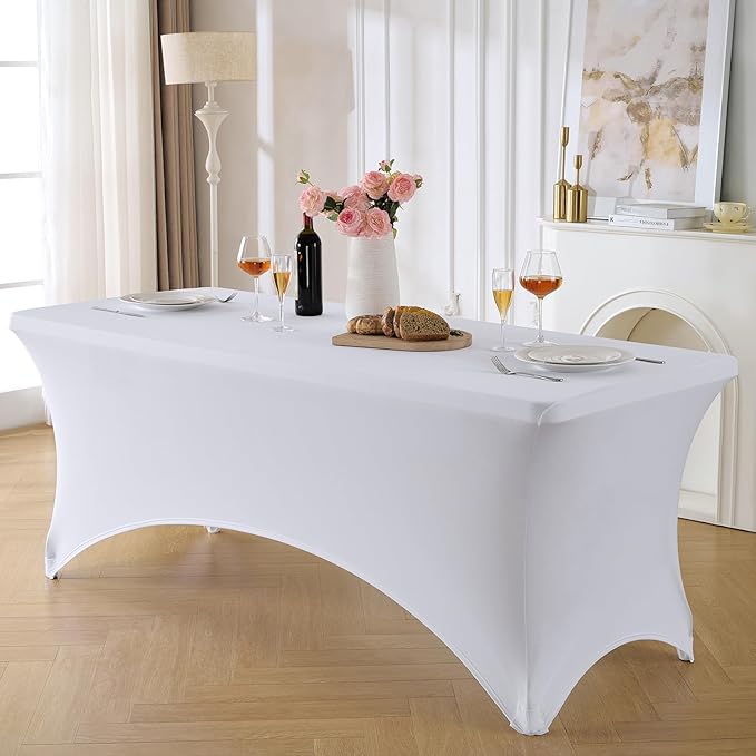 VidaFVidaFete Spandex Tablecloth 2 Pack 4FT, Fitted Stretch Table Cover for Rectangle Tables, Wrinkle Resistant and Washable Tablecloths for Outdoor, Picnic, Party, Wedding, Banquet, Birthday, White