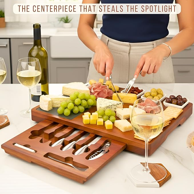 Personalized Acacia Wood Charcuterie Board Set with Stainless Steel Knives – Custom Cheese Board for Wedding, Valentines Day Gifts for Her, Housewarming, Bridal Shower, Anniversary, Women and Couples