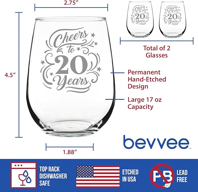Bevvee Cheers to 20 Years - Stemless Wine Glass Gifts for Women & Men - Set of 2-20th Anniversary or Birthday Party Decor - Large 17 Ounce Glasses