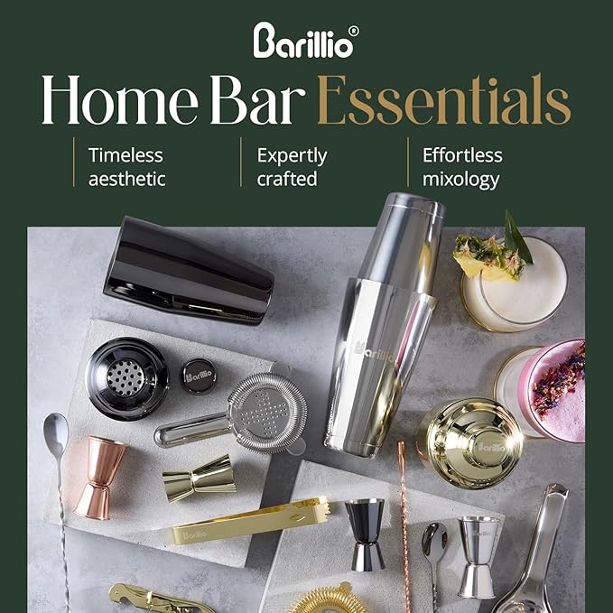 Barillio Gold Mixology Bartender Kit - 8 pcs Stainless Steel Travel Cocktail Shaker Set with Bag - Bar Tools Set with Martini Shaker, Drink Mixer Spoon & Mojito Muddler for Cocktails, Pourers & Jigger
