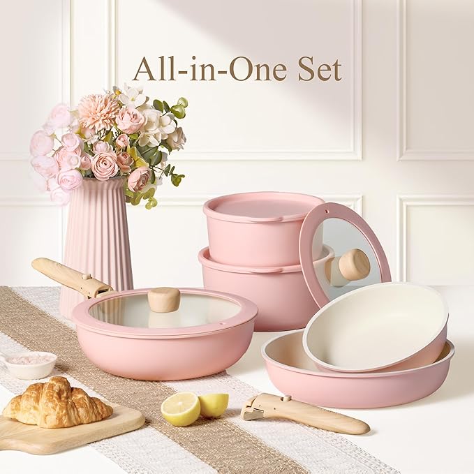 CAROTE Pots and Pans Set, Nonstick Cookware Set Detachable Handle, 19pcs Induction Kitchen Cookware Sets Non Stick with Removable Handle, RV Cookware Set, Oven Safe, Pink