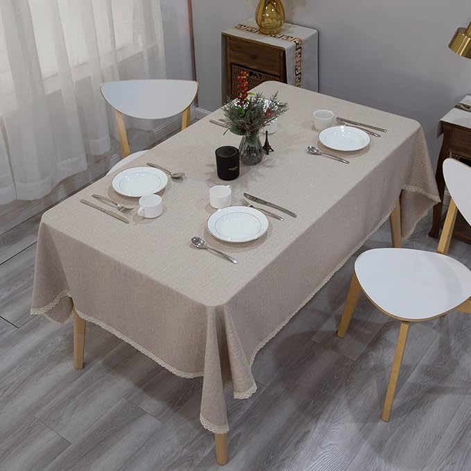 Lace Trim Tablecloth Linen-Look Textured Rustic Style Machine Washable Solid Heavy Weight Rectangle/Oblong Table Cloth Cover for Kitchen Dinning Tabletop Decoration 55x102 in Beige