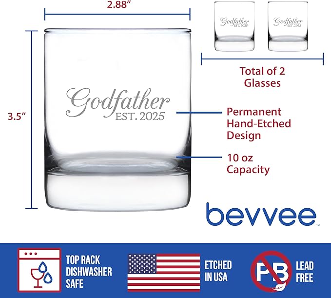 Bevvee Godfather Est 2025 - New Godfather Whiskey Rocks Glass Proposal Gift for First Time Godparents - Set of 2 - Decorative 10.25 Oz Glasses