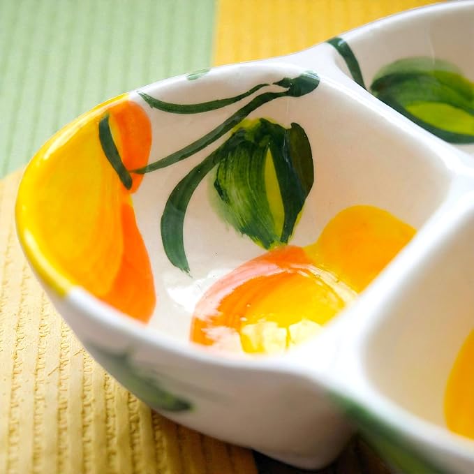 Ceramic Chip & Dip Bowl 7.5”, 3-Compartment Divided Serving Dish & Condiment Tray for Appetizers – Handmade in Spain, Lead-Free Glaze, Microwave, Oven & Dishwasher Safe