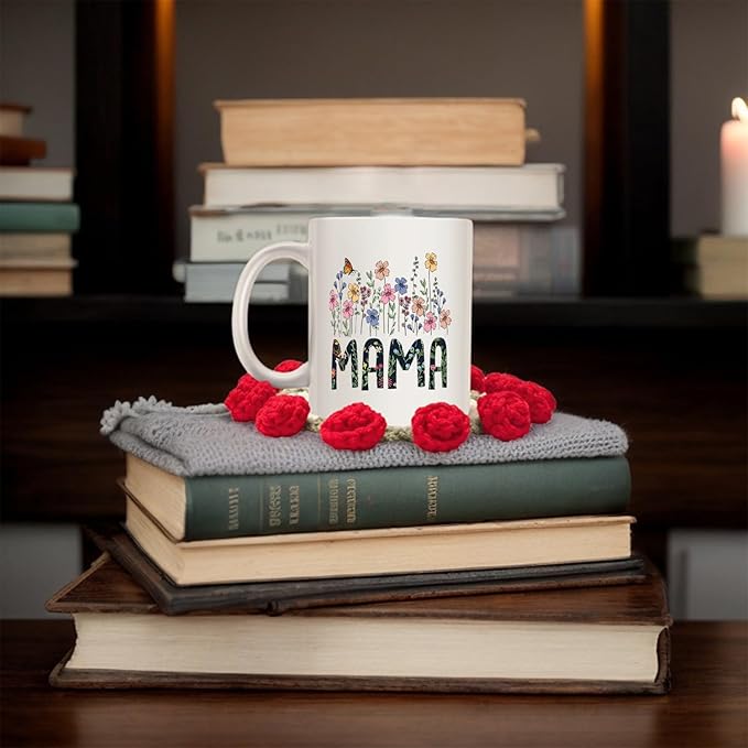 "MAMA Ceramic Flower Mug Christmas with Handmade Crochet Rose Coaster – 1st Mother’s Day Gift – 11oz Tea/Coffee Mug with Floral Design for Moms