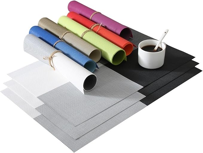PVC Woven Non-Slip Heat- Grid Placemats for Farmhouse Kitchen Decor Insulation Square Plate Mat Green(KP Black,30X45CM_6PCS)