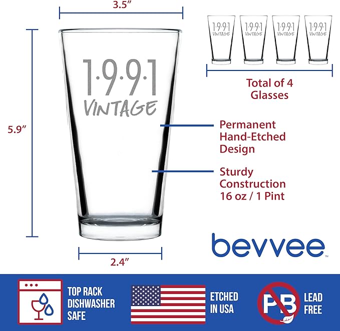 Bevvee Vintage 1991 Pint Glass for Beer - 35th Birthday Gifts for Men or Women Turning 35 - Fun Bday Party Decor - Set of 4-16 oz
