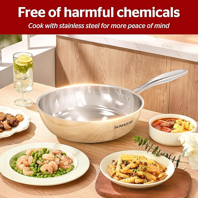 Sunhouse 9.5 Inch Tri-Ply Stainless Steel Frying Pan, Whole-Clad No Coatings Skillet with Stay-cool Handle for Cooking, Durable & Oven Safe to 500°F, Dishwasher Safe, Compatible with All Cooktops