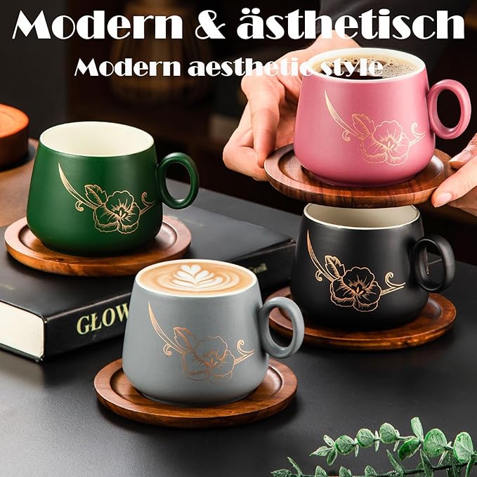 Yundu 10oz Cappuccino Cups & Wooden Saucers Set with Gold Floral Art, Latte Art Cup for Espresso, Coffee & Tea, Modern Matte Ceramic Tea Cup Set of 4