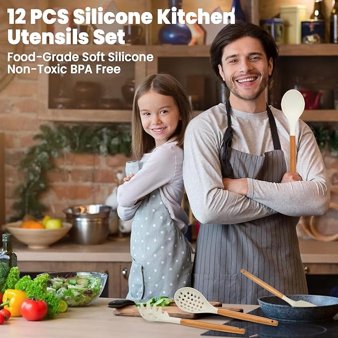 Kitchen Utensils Set - Silicone Cooking Utensils Set - 12 Pcs for Cooking, Spatula,Turner, Spoon, Brush, Useful Pots and Pans Accessories, Kitchen Gadgets for Non-Stick Cookware BPA FREE