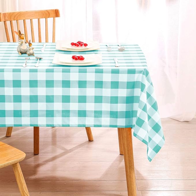 Hiasan Checkered Square Tablecloth - Stain Resistant, Waterproof and Wrinkle Resistant Washable Table Cloth for Dining Room and Outdoor Use, 60 x 60 Inch, Aqua and White Gingham Pattern