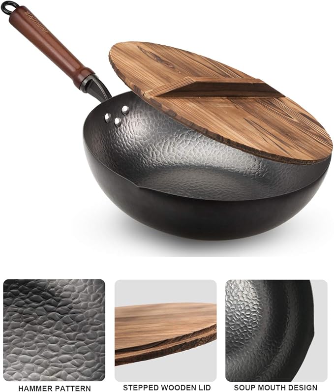 BIELMEIER 12.5" Wok Pan- Woks and Stir Fry Pans, Carbon Steel Wok, Flat Bottom Wok with Lid Suits for all Stoves