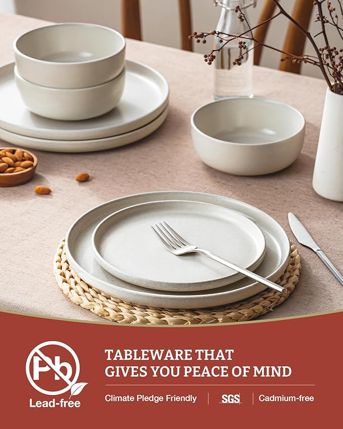 Famiware Milkyway Stoneware Dinnerware Sets with Mugs, Service for 4 (16 Pieces), Reactive Glaze Plates and Bowls Sets, Microwave and Dishwasher Safe Dishes Set, Matte Beige White