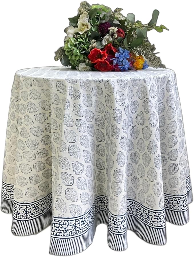ATOSII Amalfi 100% Cotton Round Tablecloth, Handblock Print Floral Table Cloth for Kitchen Dining Linen I Parties, Weddings, Outdoors, Spring Summer I 90" Inches Round