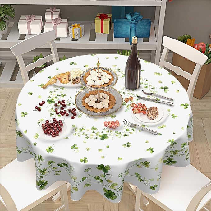 St. Patrick's Day Tablecloth Round 60 Inch Green Shamrock Circle Table Cloth Spring Holiday Lucky Clover Table Cover for Party Kitchen Dinner Home Decor