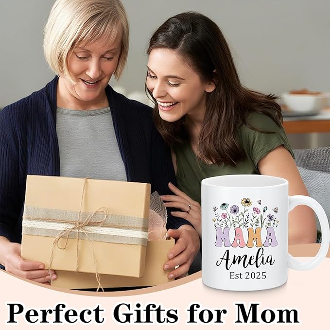 Custom Christmas Coffee Mug Gifts for Mom,11oz Personalized Ceramic Mama Cup with Photo Text & Birth Flower, Customized Birthday Gift for New Moms (Mom-Text)