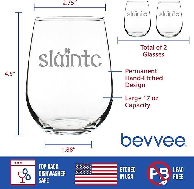 Bevvee Slainte Irish Cheers - Stemless Wine Glasses - Set of 2 - Fun Irish Themed Gifts and Decor - Large 17 Ounce