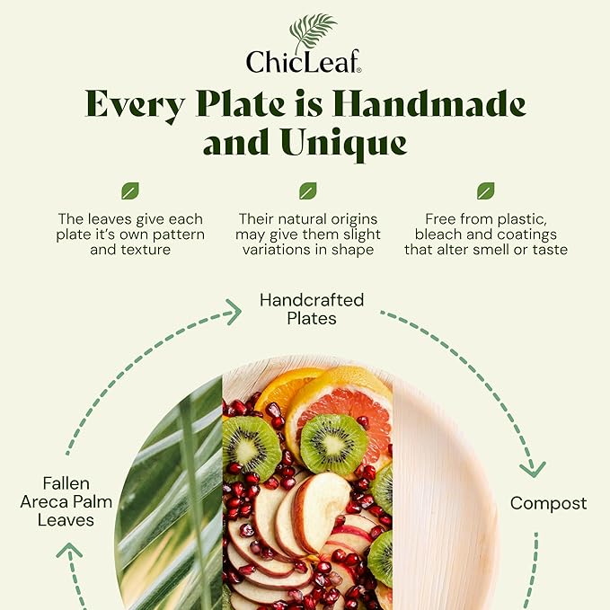 Chic Leaf Round Palm Leaf Plates - 10", Pack of 100 - Durable Party Pack - Dinner Eco Friendly Party Supply & Wedding Plates - For Charcuterie Board Accessories, Romantic Dinner for 2