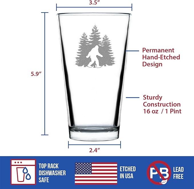 Custom Bigfoot Pint Glass - Funny Bigfoot Gifts for Sasquatch Enthusiasts - 16 Oz Pint Glasses