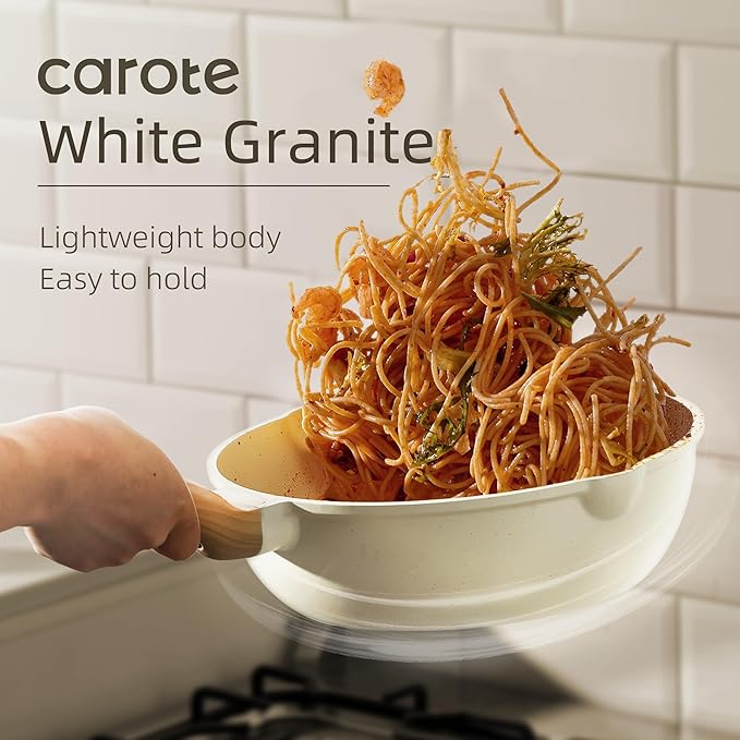 CAROTE 16 Piece Pots and Pans Set Nonstick, White Granite Cookware Sets Induction Cookware, Non Stick Cooking Set w/Frying Pans & Saucepans (PFOS, PFOA Free)
