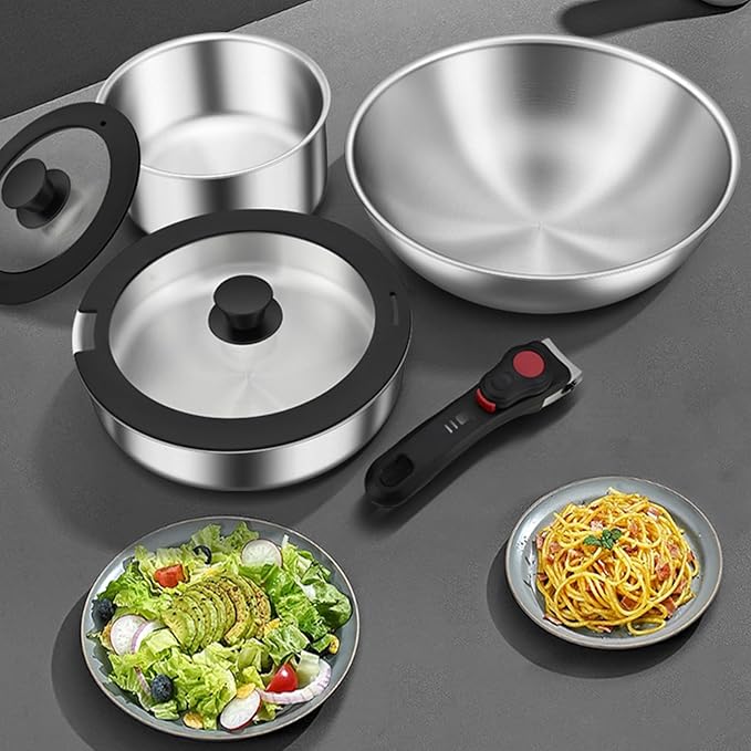 Stainless Steel Cookware Set, 6pcs Wok Pots and Pans Set Non Stick with Detachable Handle, Induction Cookware Set Kitchen Cooking Sets, RV/Camping Cookware, Dishwasher & Oven Safe,6pcs