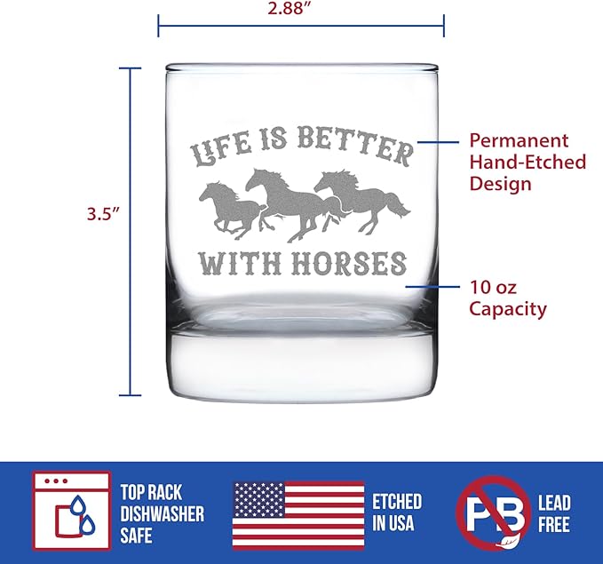 Custom Life Is Better With Horses - Personalized Whiskey Rocks Glass Gifts - Funny Horse Gifts and Decor for Men & Women - 10.25 Oz Glasses