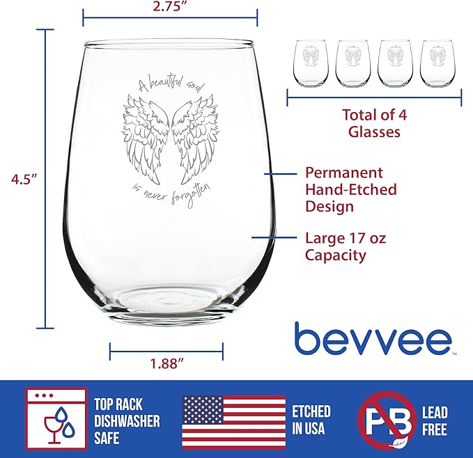 Bevvee Beautiful Soul is Never Forgotten - Stemless Wine Glass Gift - Sympathy Memorial Gifts for Bereavement Loss - Set of 4 - Large 17 Ounce