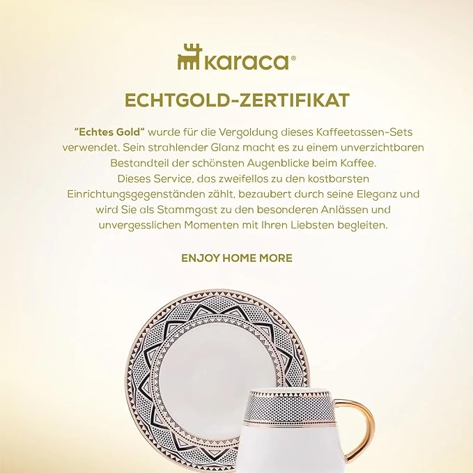 KARACA Globe Turkish Coffee Cup Set of 6, 80ml, 2.7 oz, Small Espresso Cups with Saucers, Porcelain, Black Patterns, and Gold Handles, Ideal for Serving Greek, Arabic Coffee