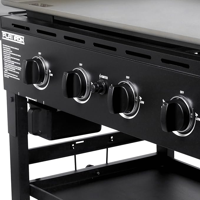 Char-Griller® Flat Iron 4-Burner Propane Gas Flat-Top Griddle with Steel Griddle Top, Wind Guards and Instant-Ignition, 775 Cooking Square Inches in Black, Model E8936