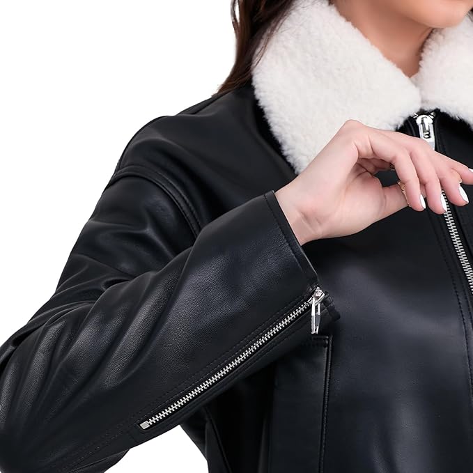 SILVER FASHIONS Leather Jacket Women,Cropped Lambskin Bomber Jacket,Removable Sherpa Collar, Zip Front, Elasticized Hem