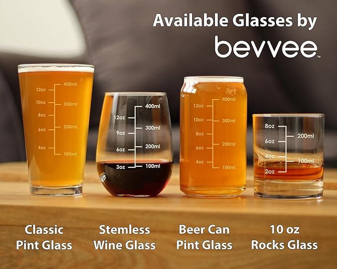 Bevvee Cocktail Measuring Cup - Whiskey Rocks Glass - Engraved Measurement Lines for Bartender & Portion Control - Ounces and Metric - 10.25 oz Glasses