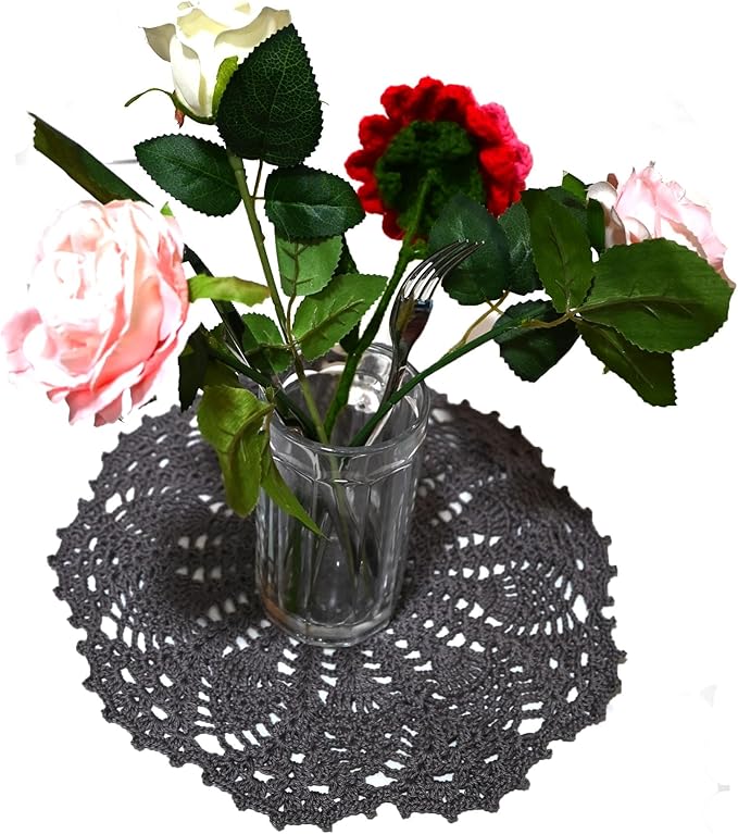 BIBITIME 2 PCS 11 inches to 12 inches Lace Doilies Crochet Handmade Lace Coasters Round Placemat Rustic Table Doilies Decors for Kitchen Dining Room Party Dressers (Dark Grey)