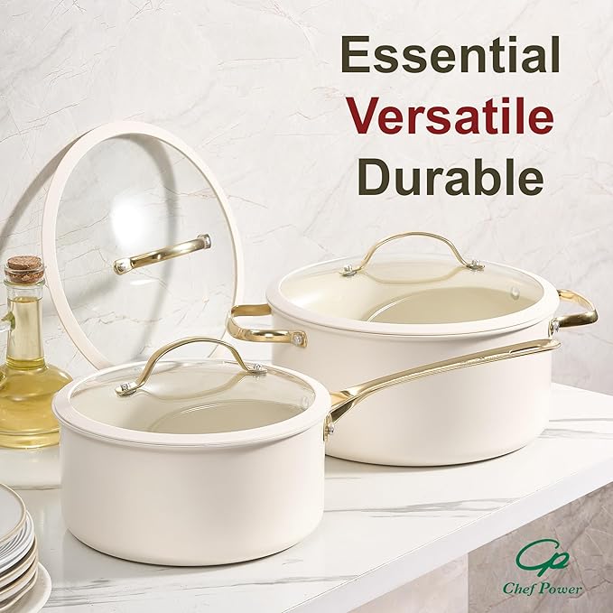 Chef Power Ceramic Cookware Sets, 10Pcs Pots and Pans Set Non Stick, Cookware Set with Stainless Steel Handle, Dishwasher & Oven Safe, Cream White and Light Gold Handle