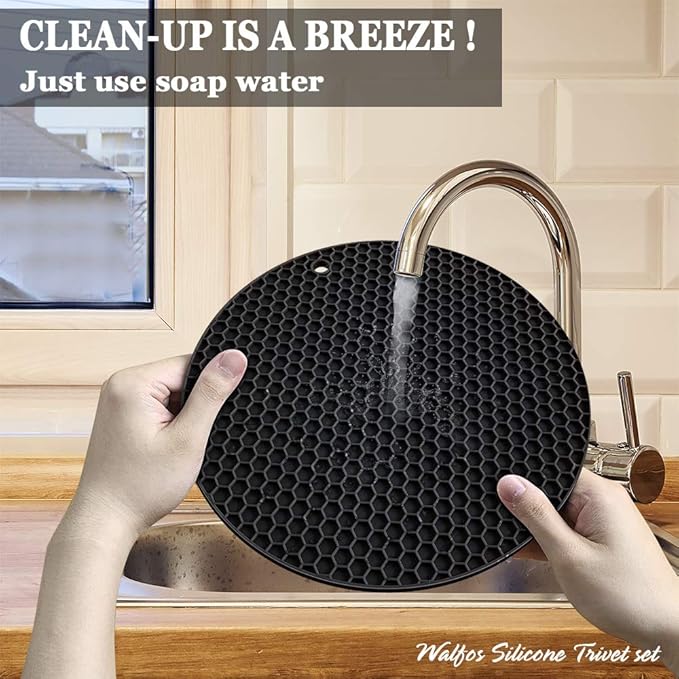 Silicone Trivet Mats - Walfos Heat Resistant Pot Holders Set, 4pcs 2 Sizes 7 Inch & 9 Inch, Multipurpose Non-Slip Hot Pads for Hot Pot, Hot Dishers, Jar Opener, Food Grade & BPA Free (Black)