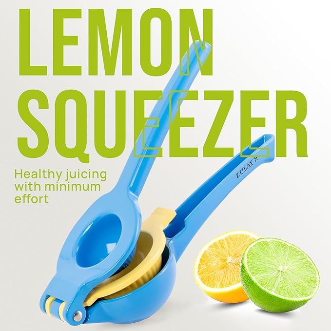 Zulay Kitchen Metal 2-in-1 Lemon Squeezer - Sturdy Max Extraction Hand Juicer Lemon Squeezer Gets Every Last Drop - Easy to Clean Manual Citrus Juicer - Easy-Use Lemon Juicer Squeezer - Blue/Yellow