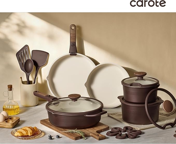 CAROTE 20Pcs Titanium Cookware Set, Pots and Pans Set Non Stick, Kitchen Cooking Set with Detachable Handle, Non Toxic Induction Cookware, Dishwasher/Oven Safe, Browm