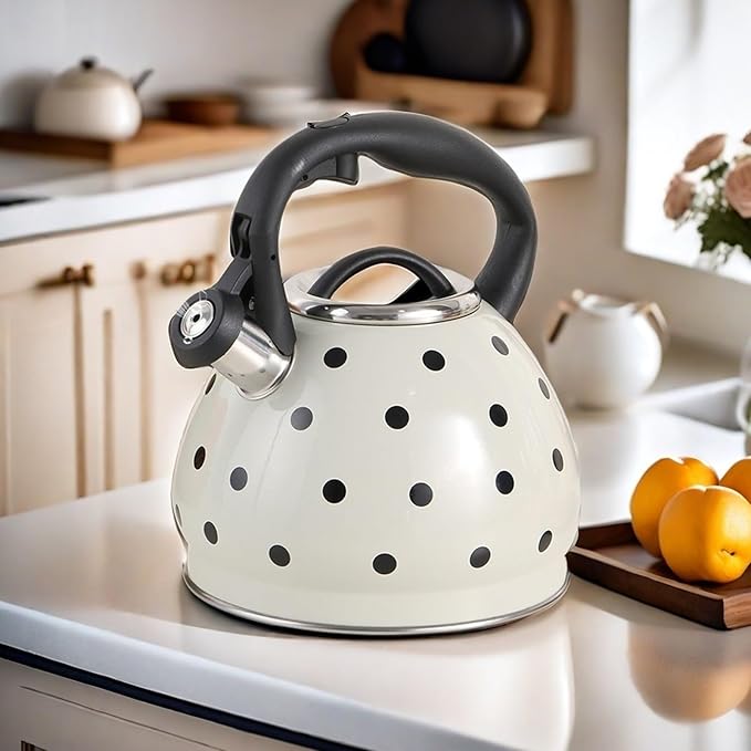 Polka Dot Tea Kettle Stovetop - 3.2 Quart Stainless Steel Whistling Kettle, Vintage Black & White Design, Gas & Electric Stove Safe