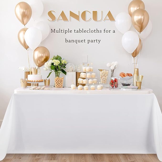 sancua 6 Pack White Tablecloth 90 x 156 Inch - Rectangle Table Cloth for 8 Feet Tables Stain and Wrinkle Resistant Washable Polyester Table Cover for Dining Wedding Banquet Party Buffet Restaurant