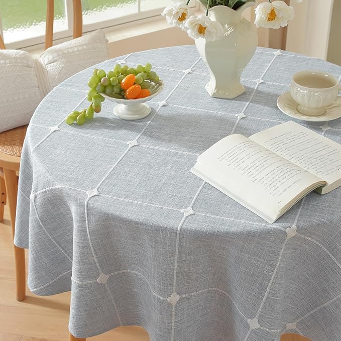 Zobesta Linen Blue Table Cloth Round Tablecloth Gingham 53 inch, Washable Farmhouse Soft Boho Round Table Cloth for Outdoor, Party, Holiday, Picnic, Dining