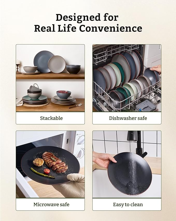 Famiware Venus Speckled Dinnerware Set with Pasta Bowls, Service for 4 (16 Pieces), Stoneware Plates and Double Bowls Sets, Microwave & Dishwasher-Safe Dishes with Trim, Matte Black