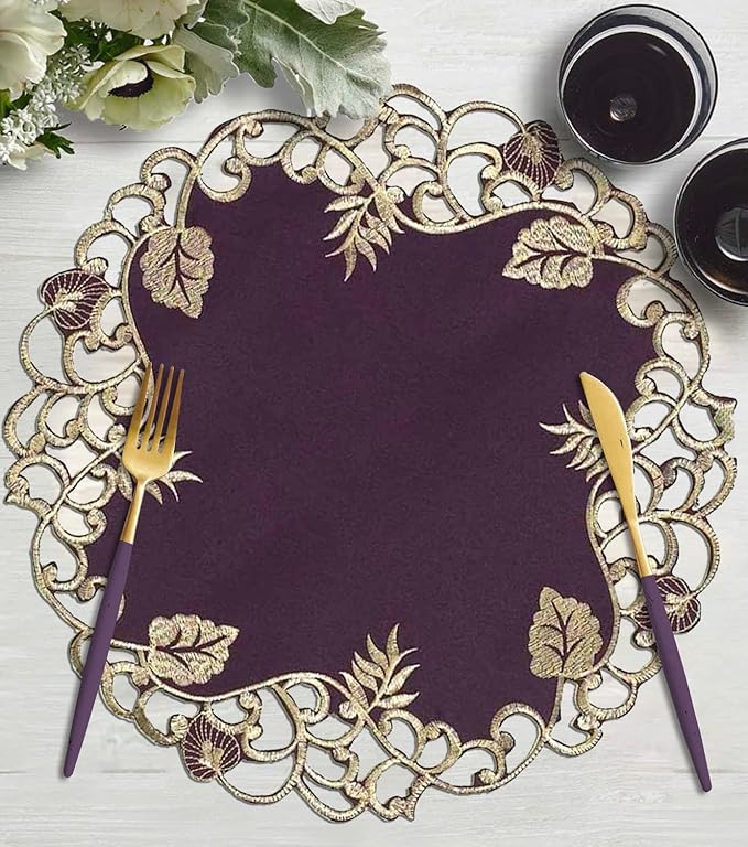 Decozen Set of 8 Doilies for Table, Lace Doilies - Rustic, Crochet, Farmhouse, Kitchen, Dining Table Centerpiece Decor - Round Christmas Placemats for Home - 15 inch Gold Plum, Tarantino Collection