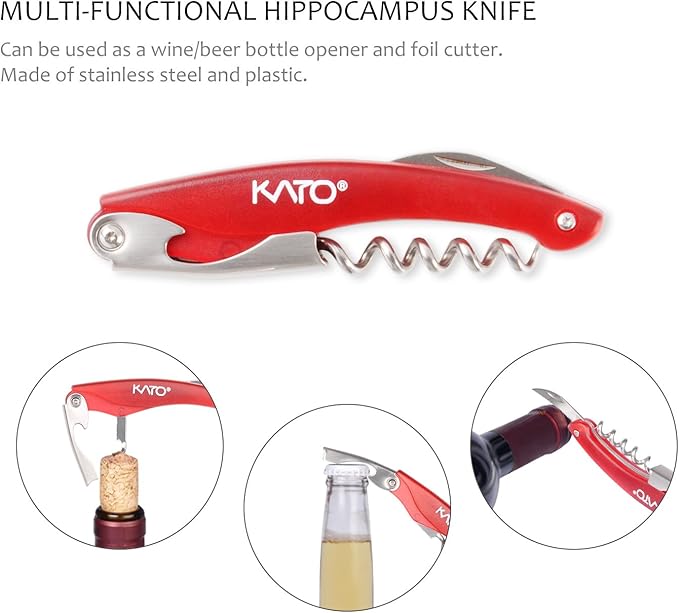 Wine Opener Accessories Gift Set - 5 Pcs Wine Bottle Corkscrew Screw pull Kit by Kato, Great Valentine's Gifts, Red